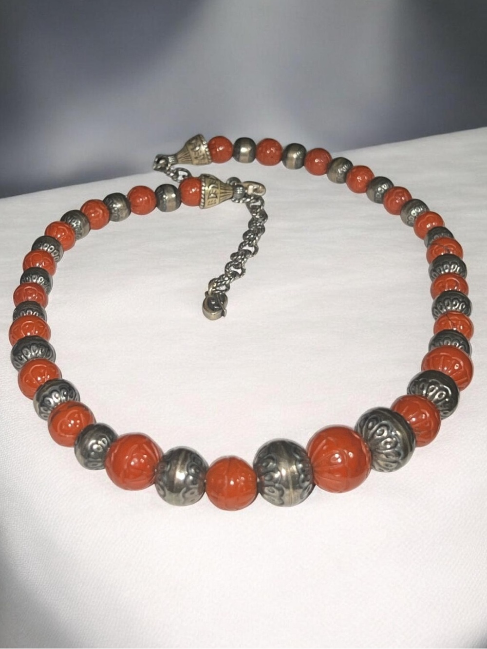 Carolyn Pollock Carved Orange Brown Jasper and Silver Beaded Necklace
